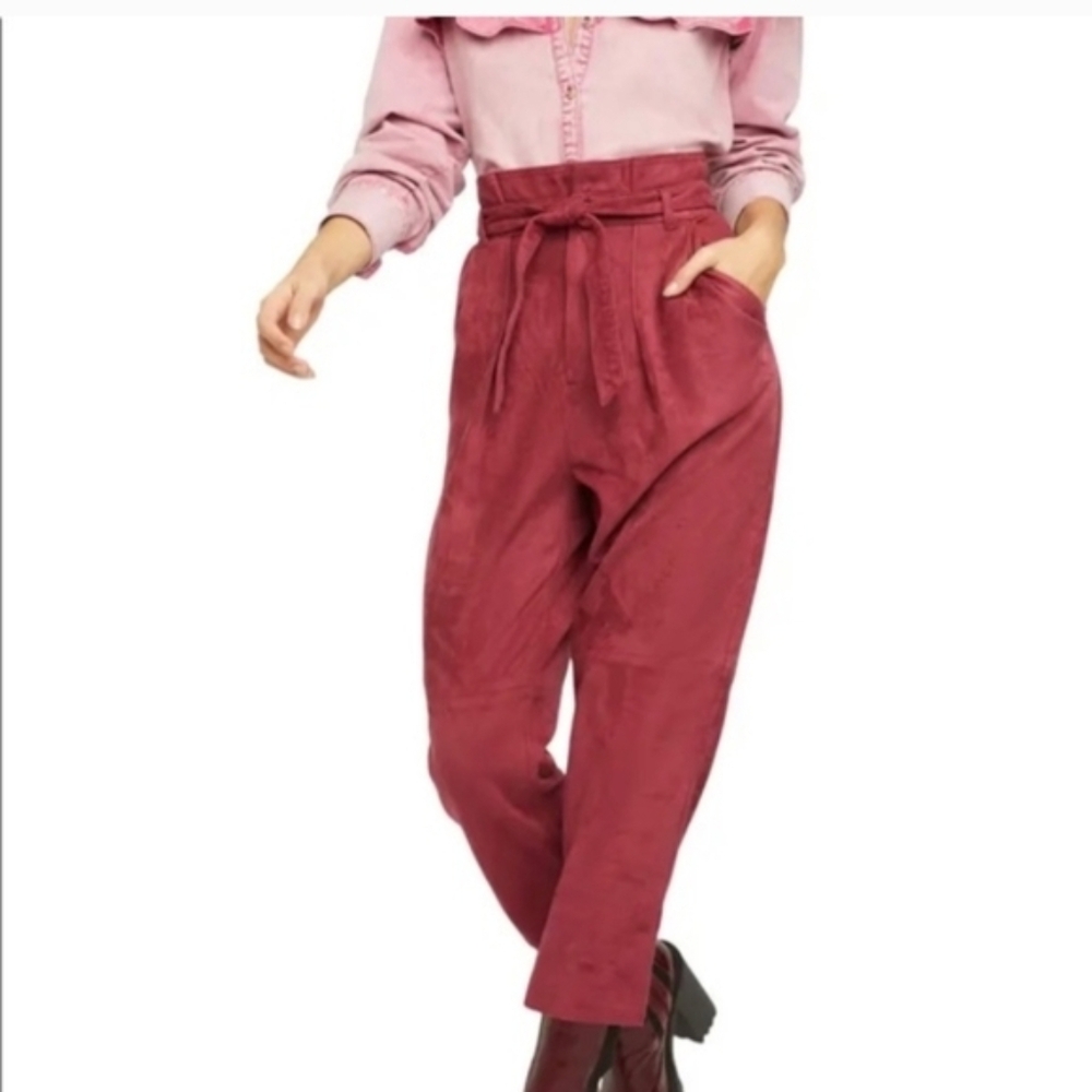 $128 Free People Nightfall Paper Bag Pants Trousers Queen Pomegranate - Picture 4 of 12